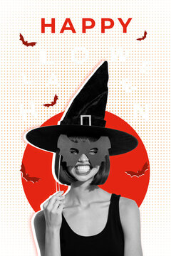 Vertical photo collage of happy girl witch hold bat mask halloween celebration holiday wizard costume isolated on painted background