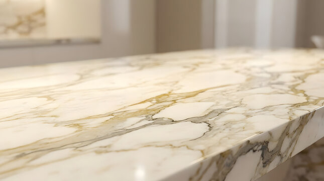 Close-up of luxury white marble kitchen island edge.