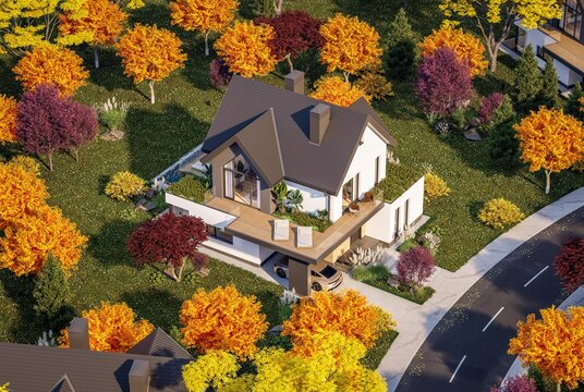 3d rendering of contemporary architectural luxury house exterior. Modern Scandinavian style family home with a white plaster walls, beautiful garden. Clear sunny autumn day with golden leaves anywhere