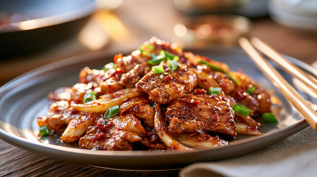 Realistic food photography of a finished plate of spicy stir-fried pork (jeyuk bokkeum) with visible red chili glaze and scallions, garnished simply, natural warm lighting, shallow