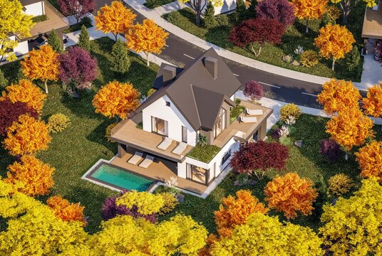 3d rendering of contemporary architectural luxury house exterior. Modern Scandinavian style family home with a white plaster walls, beautiful garden. Clear sunny autumn day with golden leaves anywhere