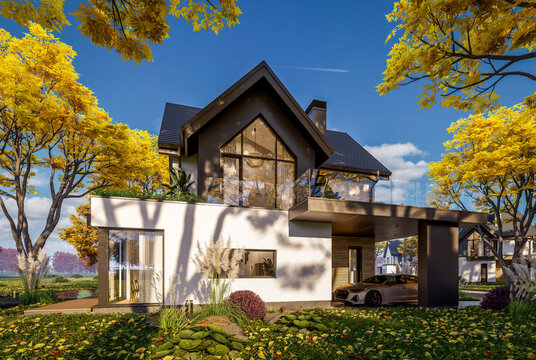 3d rendering of contemporary architectural luxury house exterior. Modern Scandinavian style family home with a white plaster walls, beautiful garden. Clear sunny autumn day with golden leaves anywhere