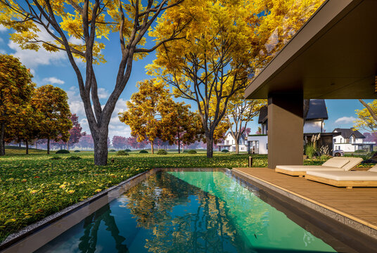 3d rendering of contemporary architectural luxury house exterior. Modern Scandinavian style family home with a white plaster walls, beautiful garden. Clear sunny autumn day with golden leaves anywhere