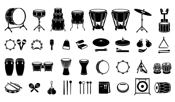 Musical Instrument Silhouette Set, Black Drum and Percussion Vector Collection