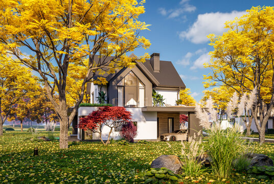 3d rendering of contemporary architectural luxury house exterior. Modern Scandinavian style family home with a white plaster walls, beautiful garden. Clear sunny autumn day with golden leaves anywhere
