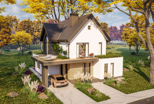 3d rendering of contemporary architectural luxury house exterior. Modern Scandinavian style family home with a white plaster walls, beautiful garden. Clear sunny autumn day with golden leaves anywhere
