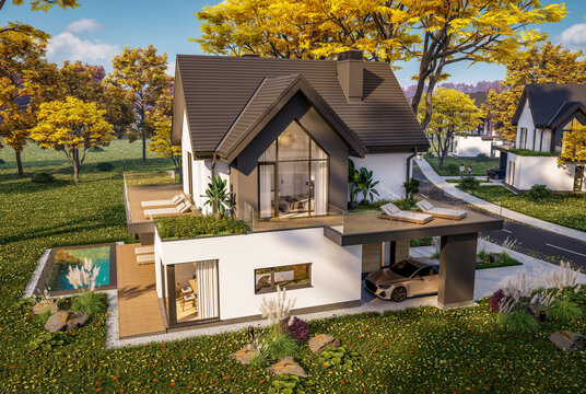 3d rendering of contemporary architectural luxury house exterior. Modern Scandinavian style family home with a white plaster walls, beautiful garden. Clear sunny autumn day with golden leaves anywhere