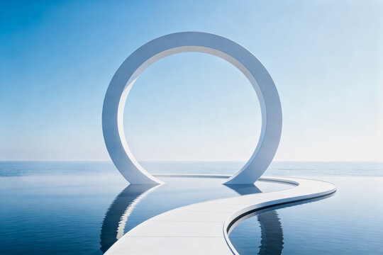 A minimalist white circular arch structure with a winding pathway sits on calm reflective water under a pale blue sky.