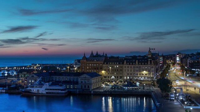 Blue Hour Pan Across Helsingborg Harbor and Town Hall