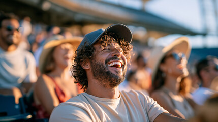 Fototapeta premium Realistic lifestyle photography of a group of friends watching a baseball game together from the stands, candid laughter and shared excitement, unbranded plain clothing, blurred st