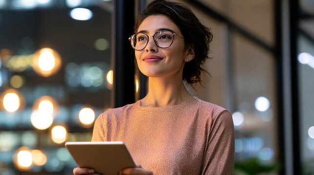 Smiling young businesswoman wearing glasses holding tablet computer at night