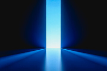A sleek, minimalist indoor space with a dark blue backdrop and a bright vertical light source at the far end, casting soft light onto the smooth floor.