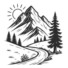 Obraz premium Scenic mountain range landscape with pine trees road and sun vector design winding road monochrome