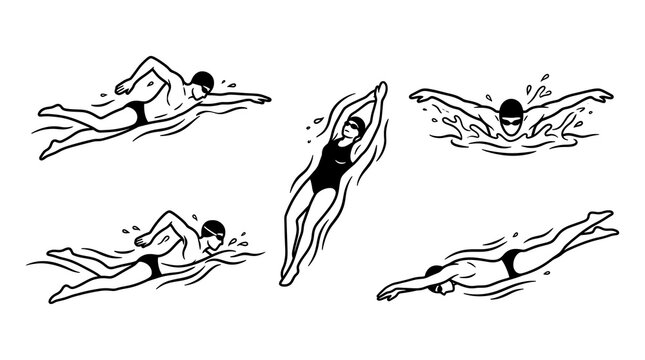 Black and white illustrations of five swimmers in action.