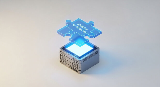 A glowing blue puzzle piece labeled "Modular Technology" hovers above a stack of interconnected server modules, symbolizing integration and innovation in modern computing infrastructure.