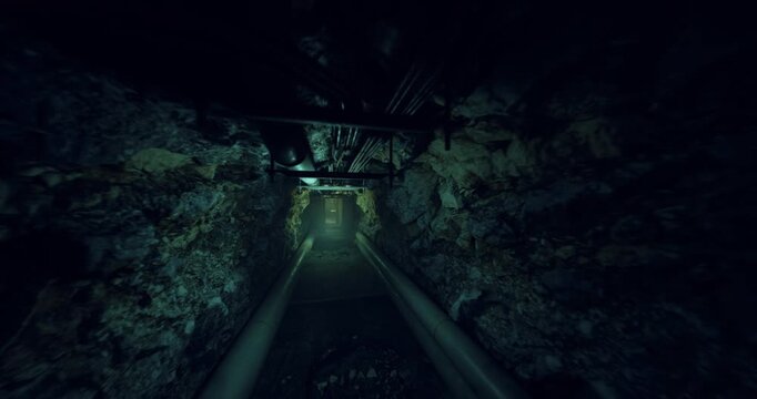 overgrown maintenance shaft with green light, mosscovered walls, pipes lining vertical chamber, dripping water and slimy texture, dim glow creating eerie