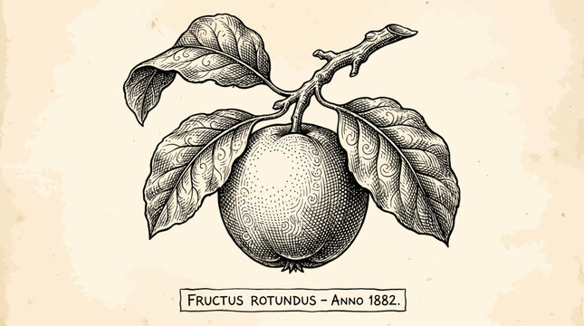 Vintage botanical illustration of a round fruit on a branch with leaves, Fructus Rotundus, Anno 1882.