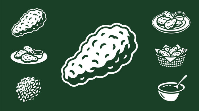Set of fried chicken wings icons, including single wing, wings on a plate, basket of wings, and dipping sauce, vector illustration on dark green background