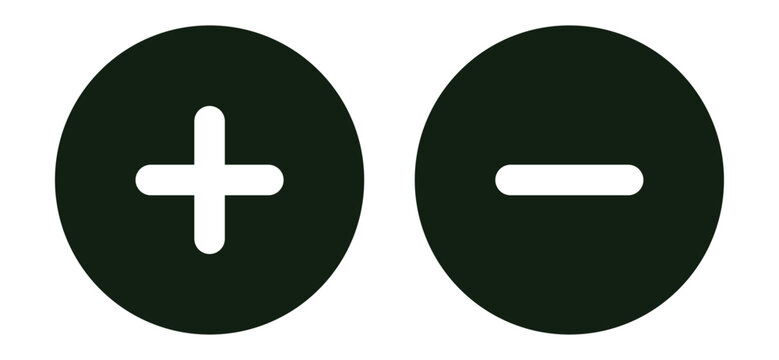 plus and minus circle icons vector, dark green circular buttons with white addition and subtraction symbols isolated on white background