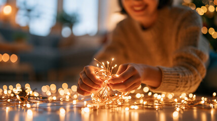 Obraz premium Realistic lifestyle photography of a person untangling a string of holiday lights on the living room floor, string lights spread out around them, cozy warm interior with soft natur