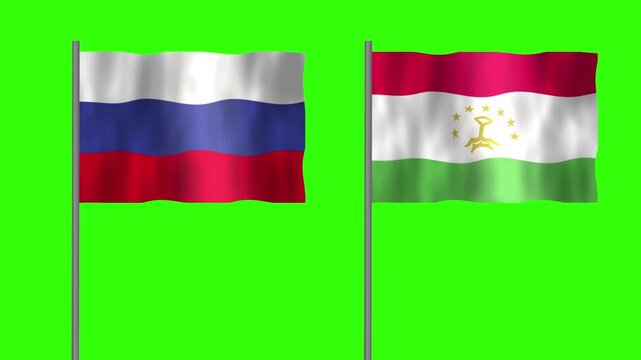 Flag of Tajikistan and Russia, Pole flag of Tajikistan and Russia on Green screen chroma key, Tajikistan and Russia flag waving.
