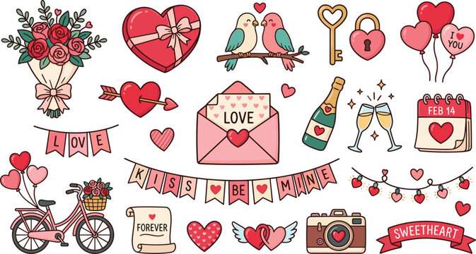 Valentine Day romantic elements vector set featuring love letter lovebirds rose bouquet champagne balloons and chocolate box [image_cFSBAE.png]