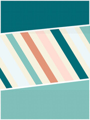 Retro diagonal stripes with teal and peach halftone blocks for creative brochure design.
