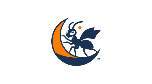 Stylized ant mascot on crescent moon logo.