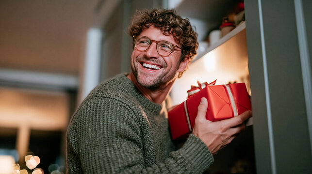 Realistic lifestyle photography of a parent quietly tucking a wrapped gift onto a high closet shelf, glancing carefully over their shoulder, warm dim interior lighting, candid play