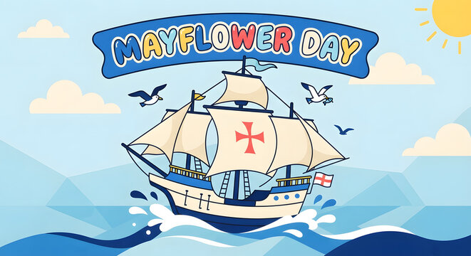 Mayflower Day vector banner featuring a historic sailing ship navigating bright blue ocean waves with seagulls, clouds, and a warm sun