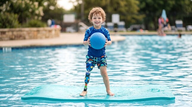 Little boy with prosthetic leg standing on a floating mat holding a blue ball at a swimming pool.