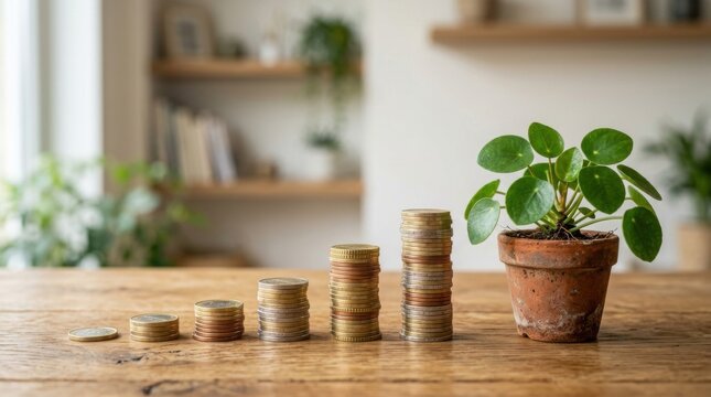 Stacks of Coins Showcasing Financial Growth Beside a Potted Plant
