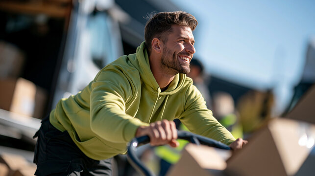 A handsome 30-year-old Caucasian man, wearing a fluorescent green hoodie and black pants, pushing a hand truck loaded with boxes from the truck toward the warehouse entrance, focus
