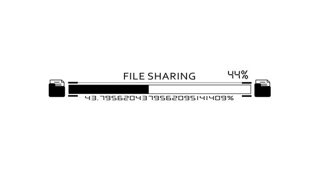 Black file sharing progress bar animation with folder icons and digital loading percentage on a light white background.