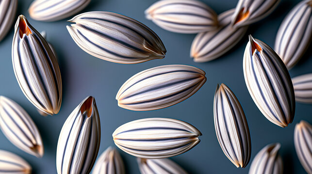 White and black striped fennel seeds floating against a dark background with dry seeds