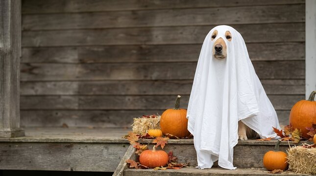 Halloween Ghost Dog: Domestic Canine on Porch Dressed in Spooky Ghost Costume for Festive Holiday Fun dog halloween ghost dog domestic dog on porch dressed in ghost costume for halloween halloween