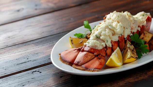 Gourmet grilled lobster tail drizzled with melted butter sauce, served with green asparagus and microgreens on a white plate. Elegant food photography for National Lobster Day with copy space.
