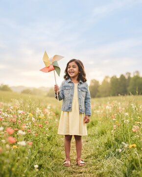 Happy little girl holding colorful pinwheel standing in blooming meadow with wildflowers.