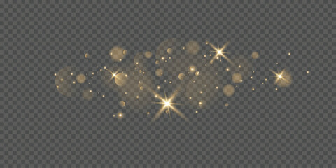 Naklejka premium Gold sparks and golden stars glitter special light effect. Vector sparkles on transparent background. Christmas abstract. 