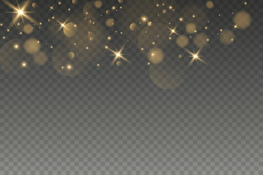 Golden glitter dust and shining stardust overlay set. Realistic magical glowing sparks, Christmas light particles and bright luxury bokeh effects on transparent png background.