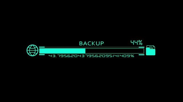 Glowing cyan backup progress bar animation with globe and folder icons and digital loading percentage on a dark black background.