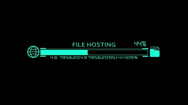 Glowing cyan file hosting progress bar animation with globe and folder icons and digital loading percentage on a dark black background.