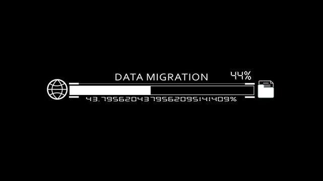 White data migration progress bar animation with globe and folder icons and digital loading percentage on a dark black background.