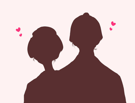寄り添う着物を着た男女　江戸時代　恋愛　両片想い　バストアップ　シルエット