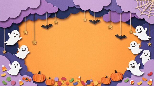 Halloween paper craft frame with ghosts and candy border