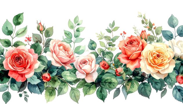 Watercolor blooming rose flowers horizontal seamless border with green leaves isolated on white background for design