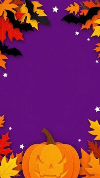 Jack-o-lantern pumpkin and colorful autumn leaves frame on vibrant purple background for spooky Halloween seasonal celebration motion graphic design clip