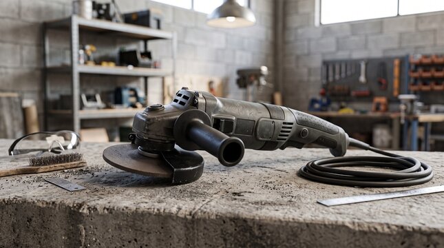 Professional electric angle grinder tool on a stone workbench in an industrial garage workshop with safety equipment and hand tools.