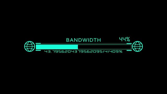 Glowing cyan bandwidth progress bar animation with globe icons and digital loading percentage on a dark black background.
