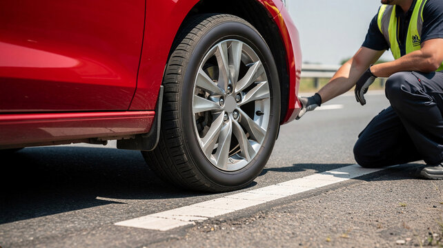Close-up of a roadside assistance worker inspecting the front tire and alloy wheel of a red car parked on the asphalt road shoulder. Vehicle breakdown, maintenance, and emergency service concept